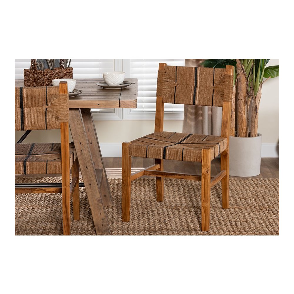 Prita Bohemian Paper Loom and Natural Mahogany Wood Dining Chair. Picture 21