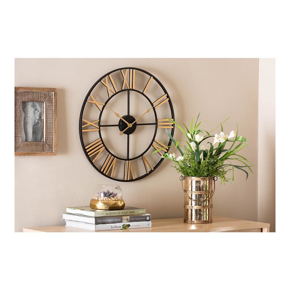 Baxton Studio Auden Modern Industrial Two-Tone Black and Gold Metal Wall Clock. Picture 9