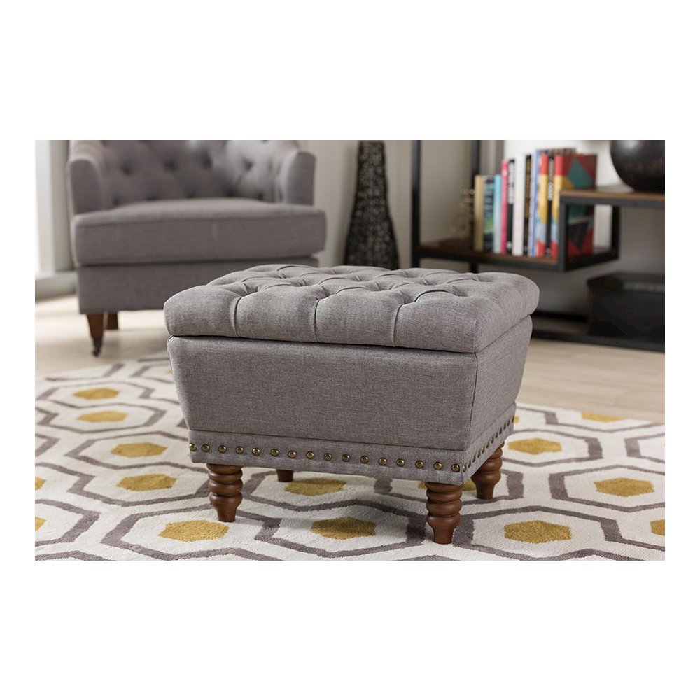 Light Grey Fabric Upholstered Walnut Wood Finished Button-Tufted Storage Ottoman. Picture 19