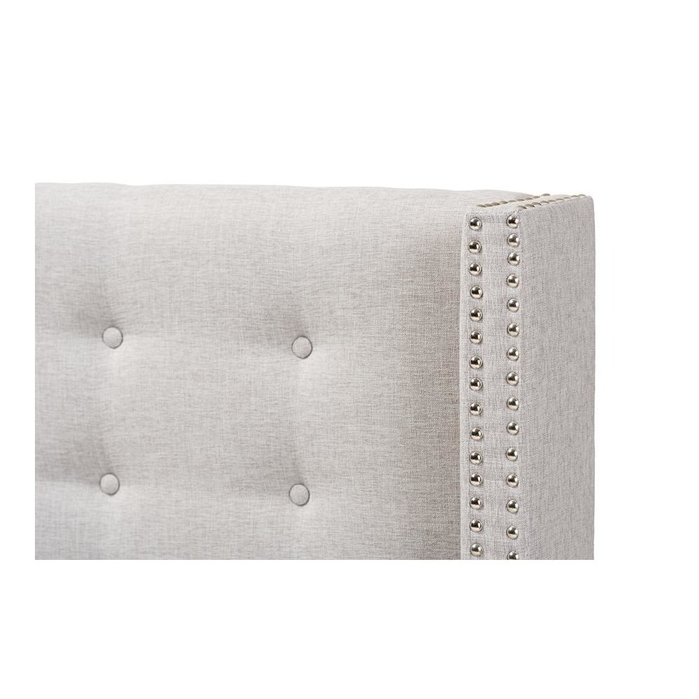 Greyish Beige Fabric Button-Tufted Nail head King Size Winged Headboard. Picture 3