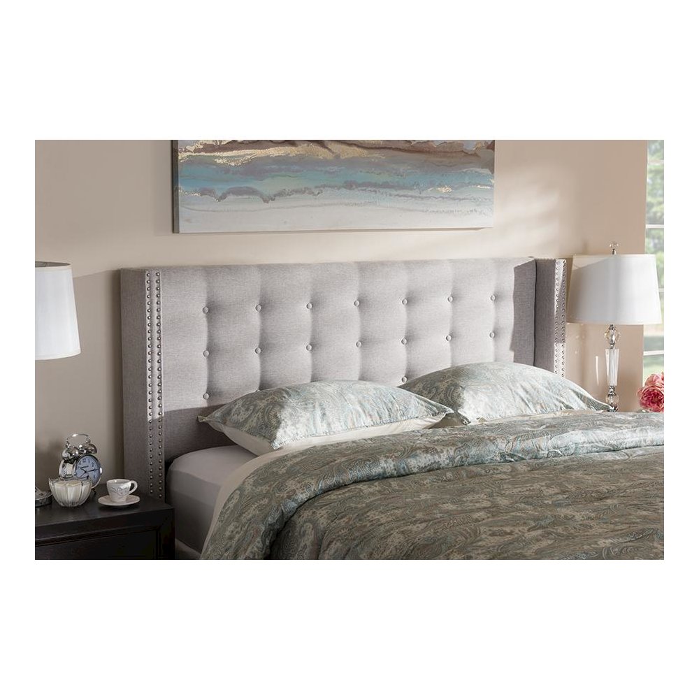 Greyish Beige Fabric Button-Tufted Nail head Queen Size Winged Headboard. Picture 13
