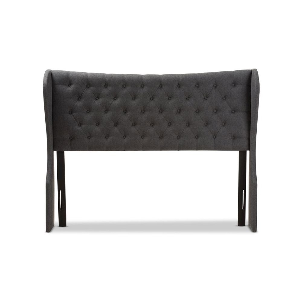Dark Grey Fabric Button-Tufted Queen Size Winged Headboard. Picture 2