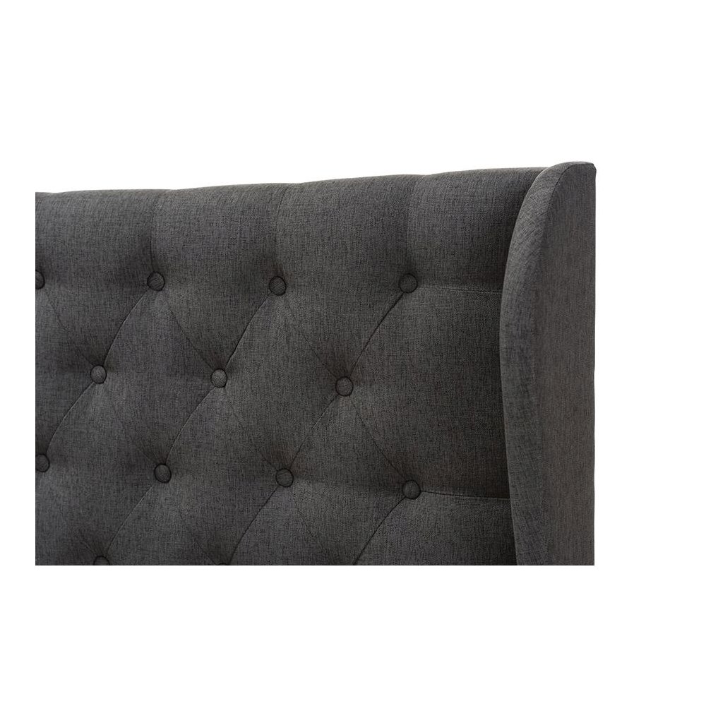 Dark Grey Fabric Button-Tufted Queen Size Winged Headboard. Picture 3