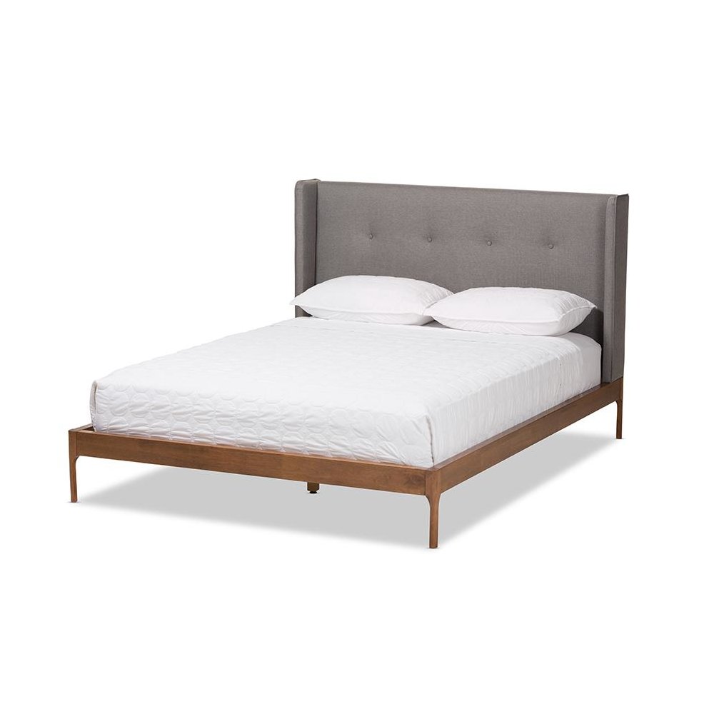 Brooklyn Mid-Century Modern Walnut Wood Grey Fabric King Size Platform Bed. Picture 1