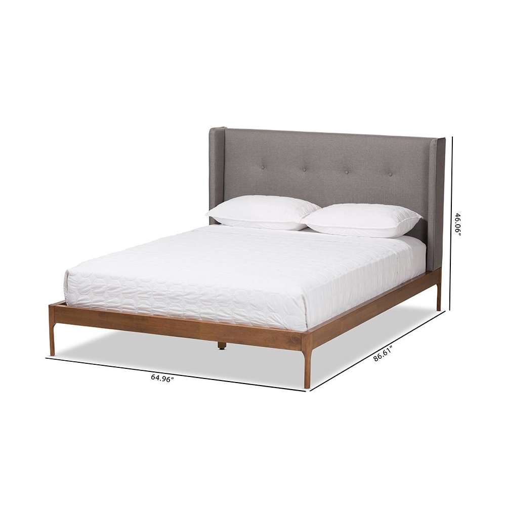 Brooklyn Mid-Century Modern Walnut Wood Grey Fabric King Size Platform Bed. Picture 10