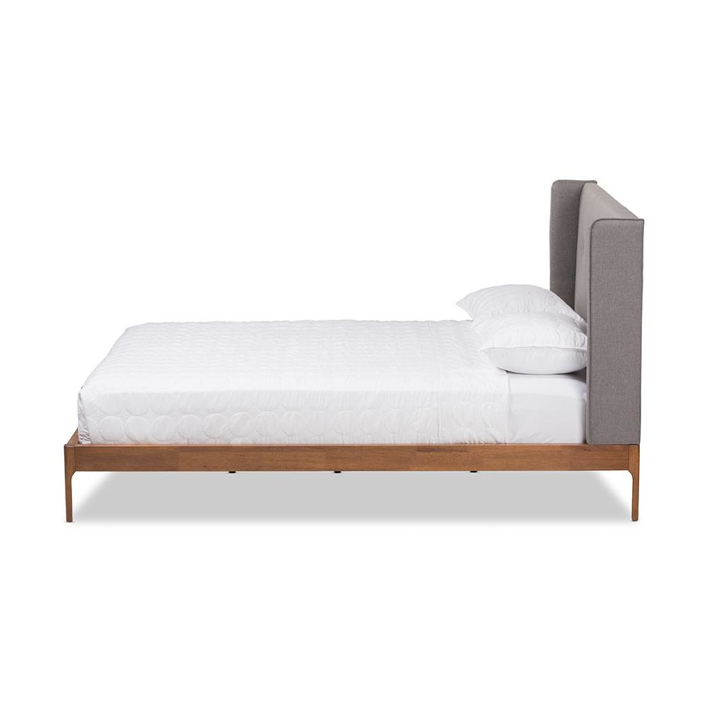 Brooklyn Mid-Century Modern Walnut Wood Grey Fabric King Size Platform Bed. Picture 2