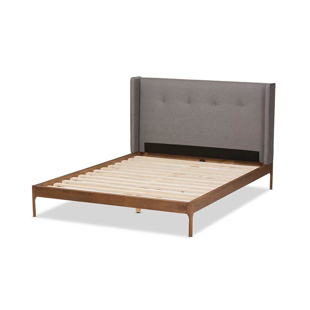 Brooklyn Mid-Century Modern Walnut Wood Grey Fabric King Size Platform Bed. Picture 3