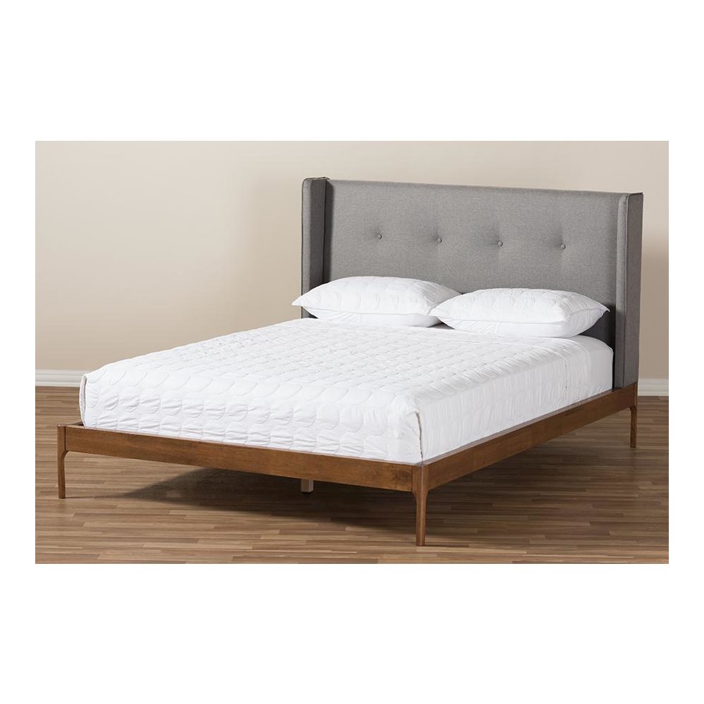 Brooklyn Mid-Century Modern Walnut Wood Grey Fabric King Size Platform Bed. Picture 9