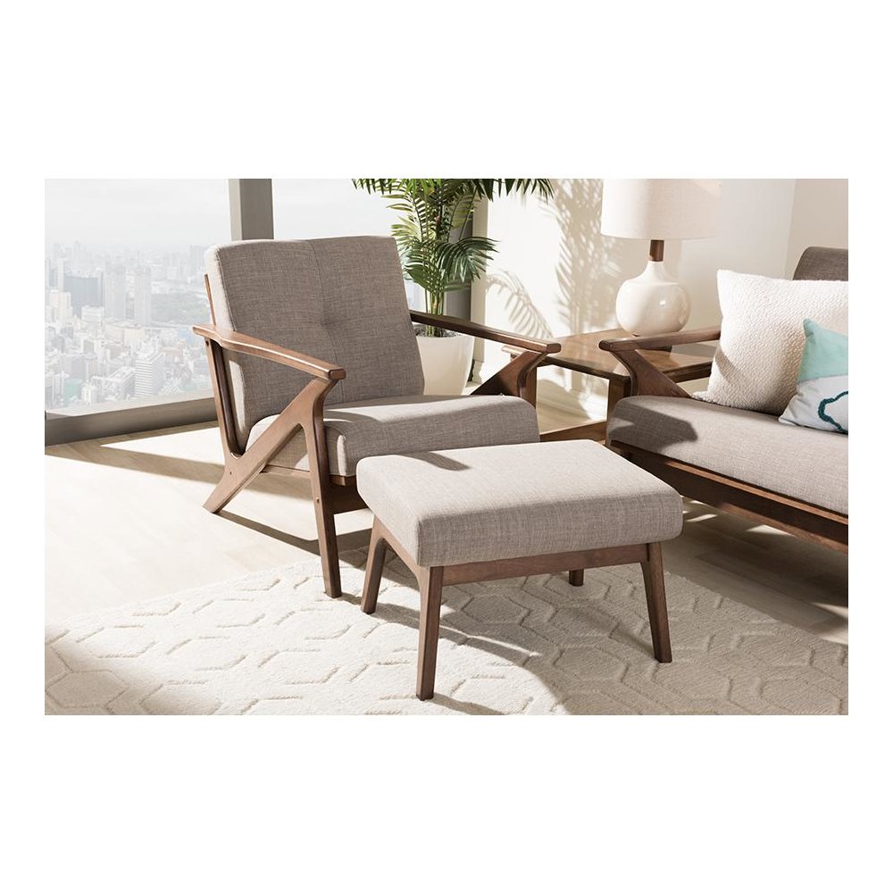 Walnut Wood Light Grey Fabric Tufted Lounge Chair And Ottoman Set. Picture 19