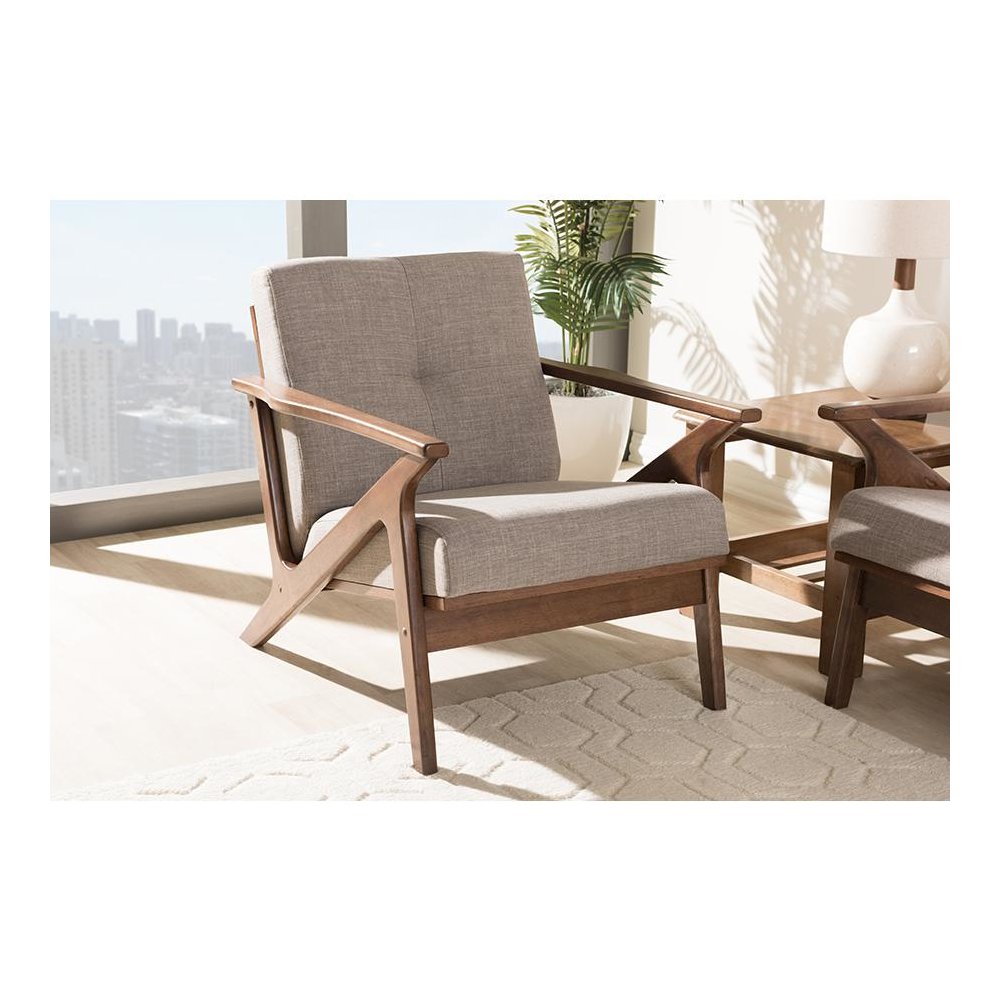 Bianca Mid-Century Modern Walnut Wood Light Grey Fabric Tufted Lounge Chair. Picture 21