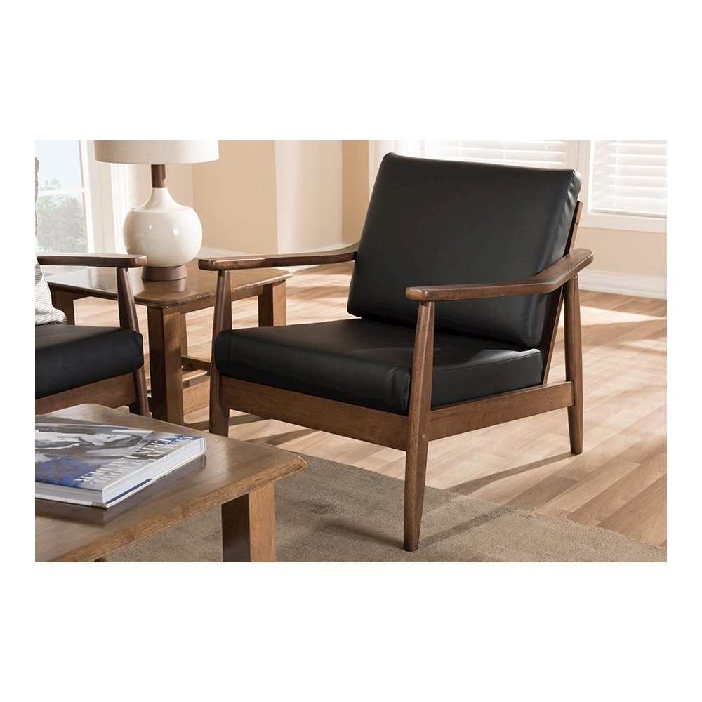 Venza Mid-Century Modern Walnut Wood Black Faux Leather Lounge Chair. Picture 19