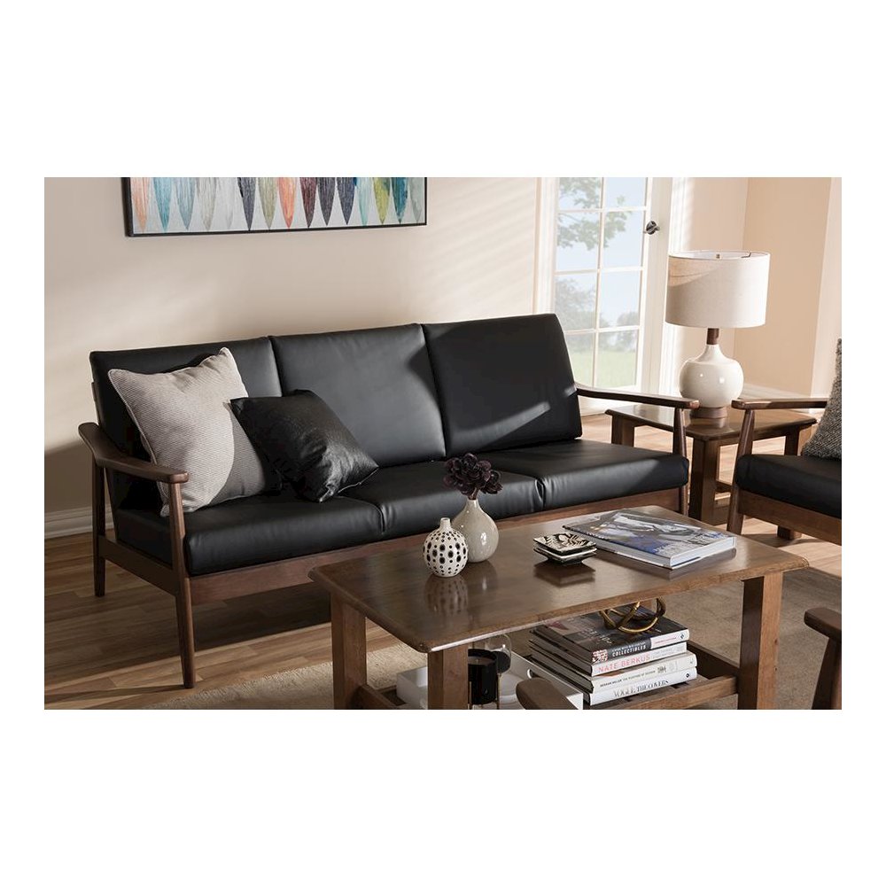 Venza Mid-Century Modern Walnut Wood Black Faux Leather 3-Seater Sofa. Picture 19