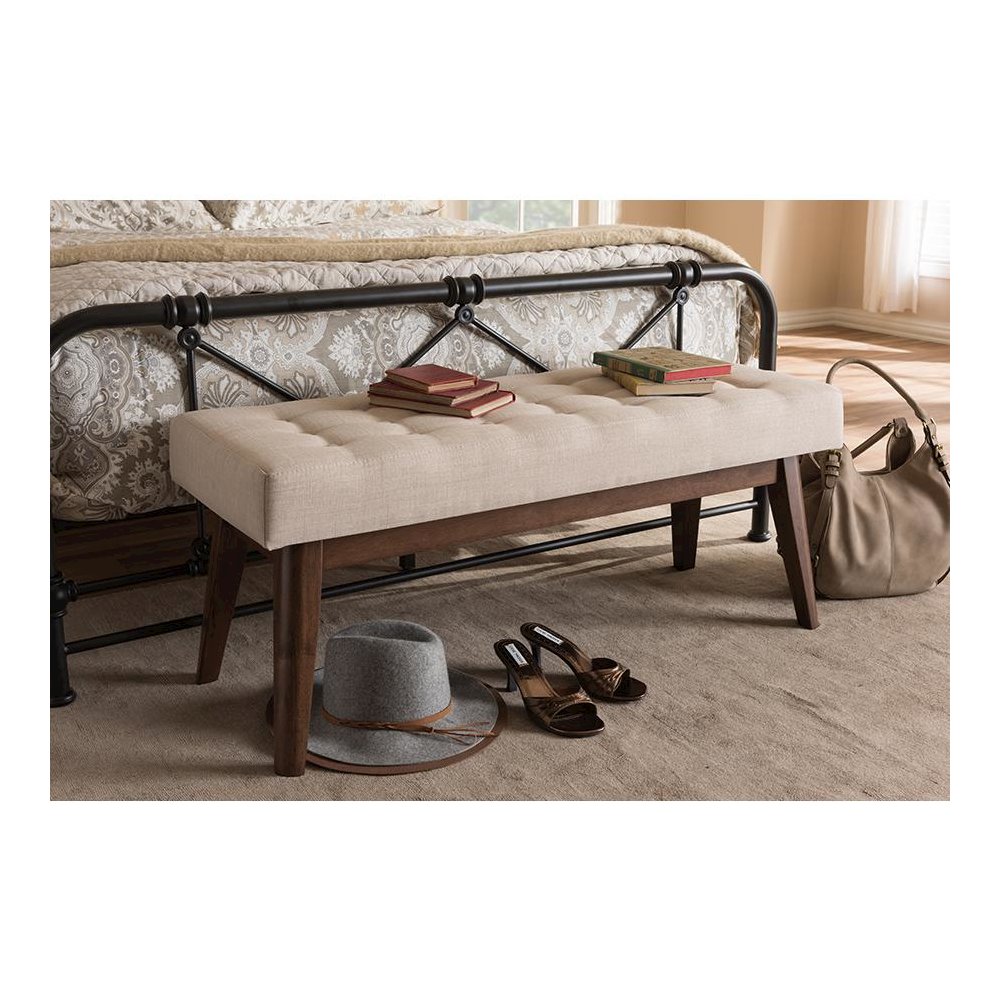 Elia Mid-Century Modern Walnut Wood Light Beige Fabric Button-Tufted Bench. Picture 17