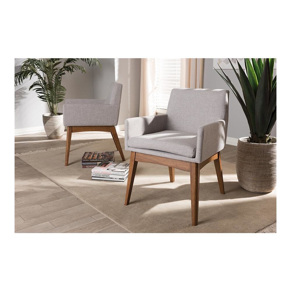 Walnut Wood Finishing Greyish Beige Fabric Dining Armchair (Set of 2). Picture 15