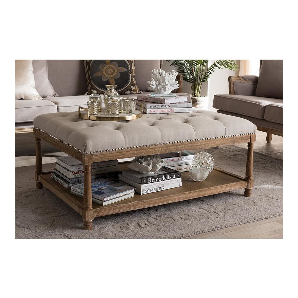 Country Weathered Oak Beige Linen Rectangular Coffee Table Ottoman. Picture 17