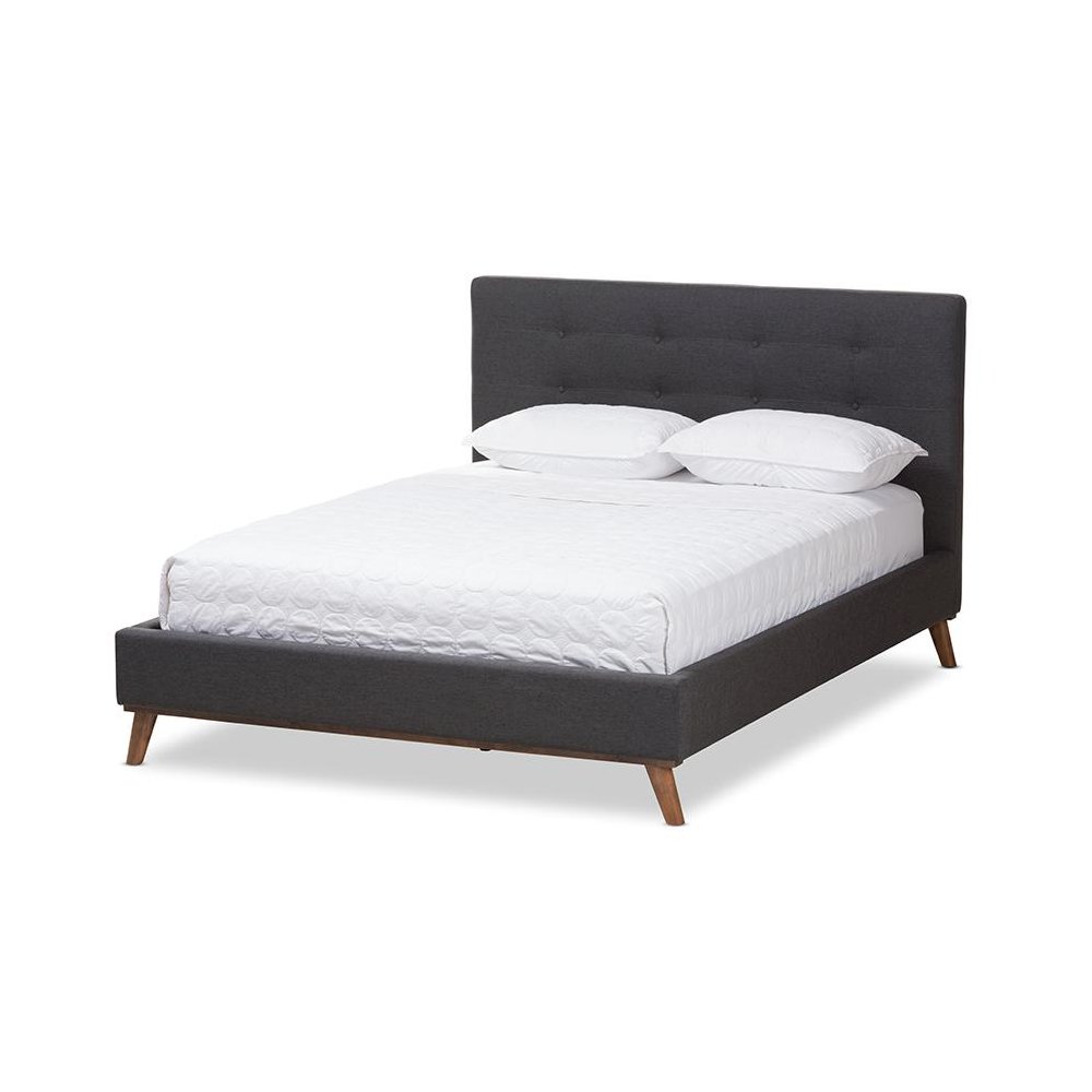 Valencia Mid-Century Modern Dark Grey Fabric Queen Size Platform Bed. Picture 1