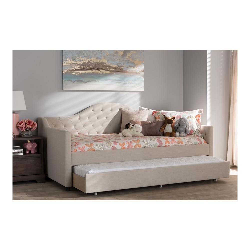 Perry Modern and Contemporary Light Beige Fabric Daybed with Trundle. Picture 25