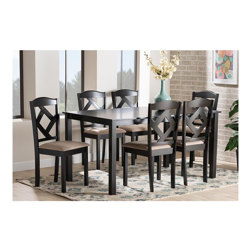 Ruth Sand Fabric Upholstered and Dark Brown Finished Wood 7-Piece Dining Set. Picture 21