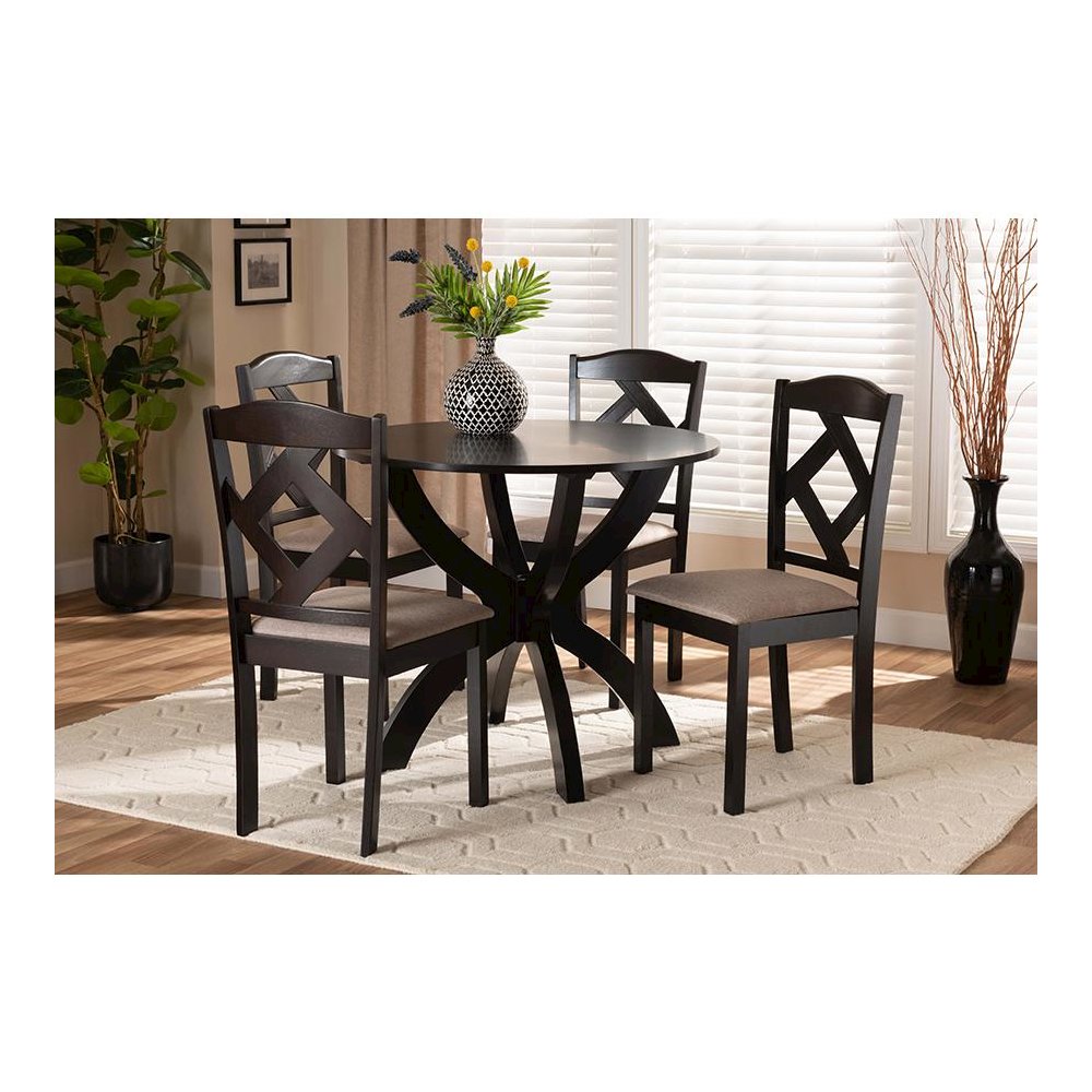 Sand Fabric Upholstered and Dark Brown Finished Wood 5-Piece Dining Set. Picture 19