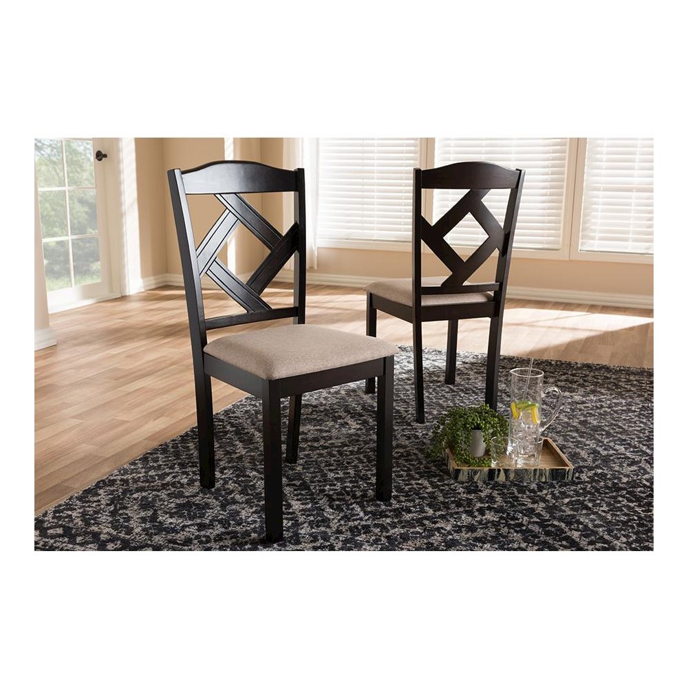 Beige Fabric Upholstered and Dark Brown Finished Dining Chair (Set of 2). Picture 15