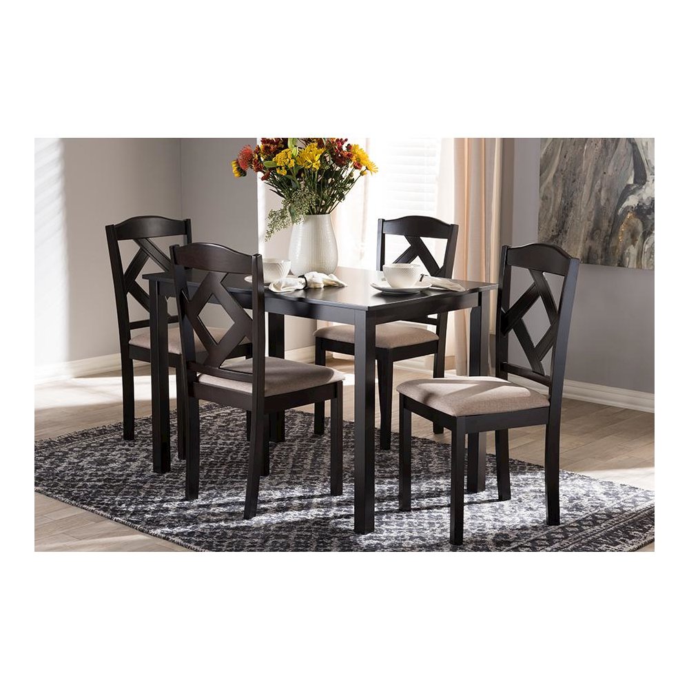 Beige Fabric Upholstered and Dark Brown Finished 5-Piece Dining Set. Picture 15