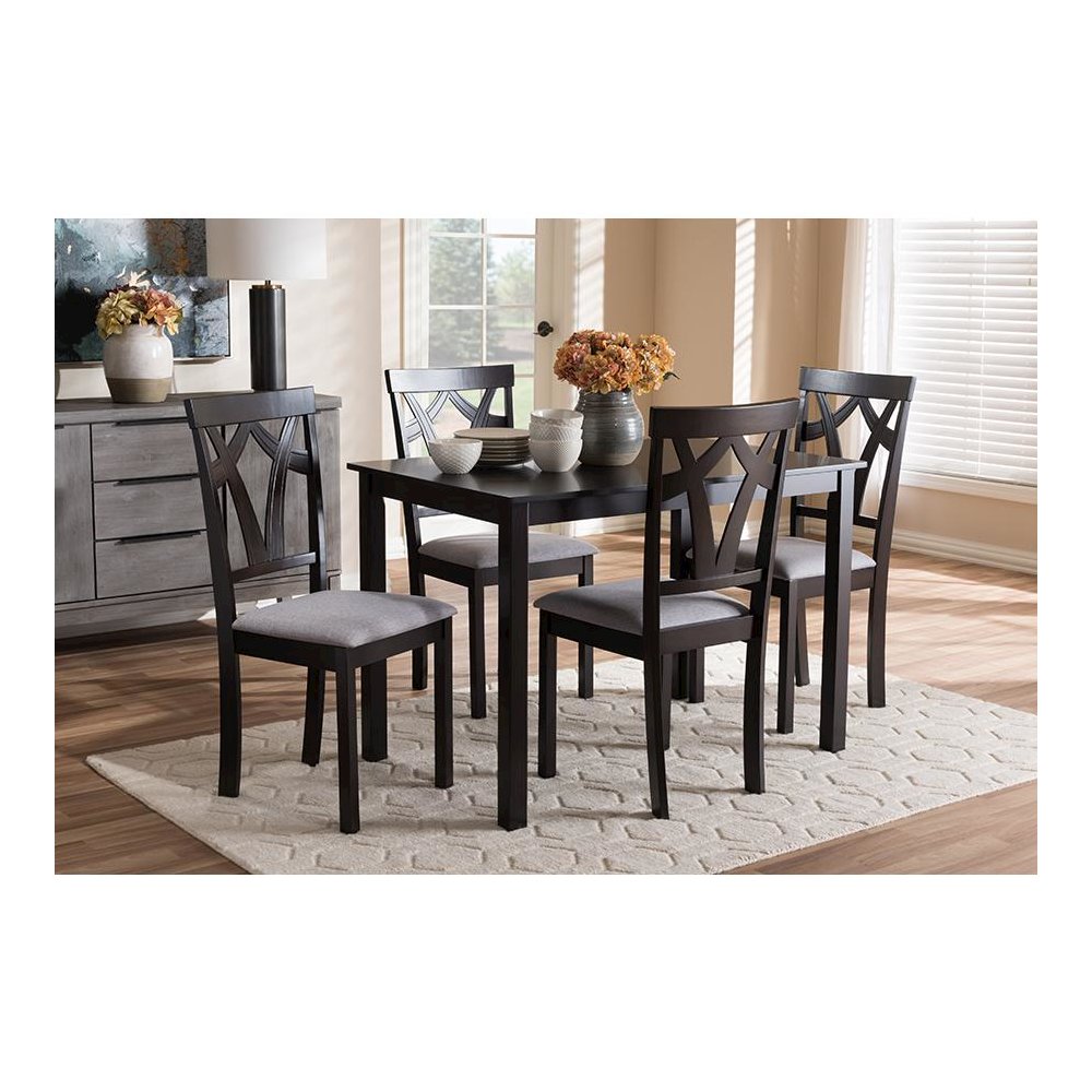 Grey Fabric Upholstered and Dark Brown Finished 5-Piece Dining Set. Picture 15