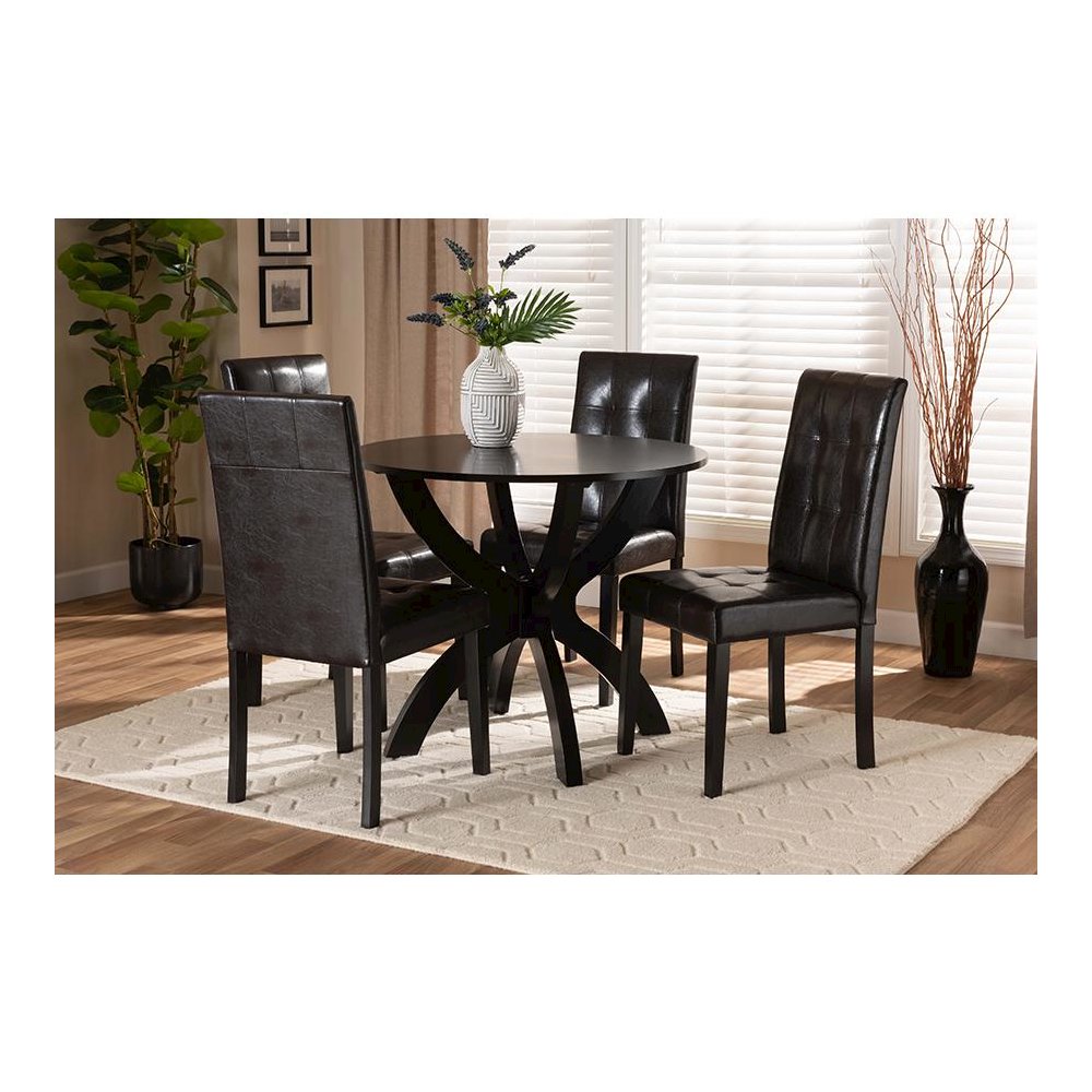 Leather Upholstered and Dark Brown Finished Wood 5-Piece Dining Set. Picture 19