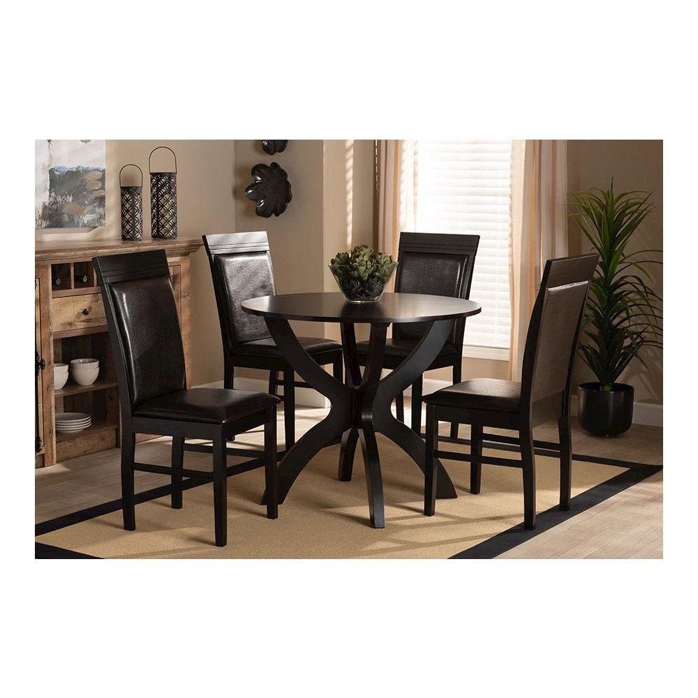 Leather Upholstered and Dark Brown Finished Wood 5-Piece Dining Set. Picture 19