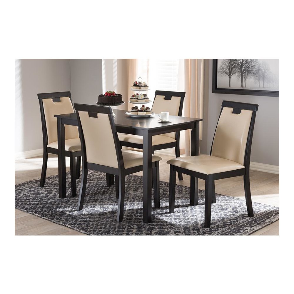 Beige Faux Leather Upholstered and Dark Brown Finished 5-Piece Dining Set. Picture 15