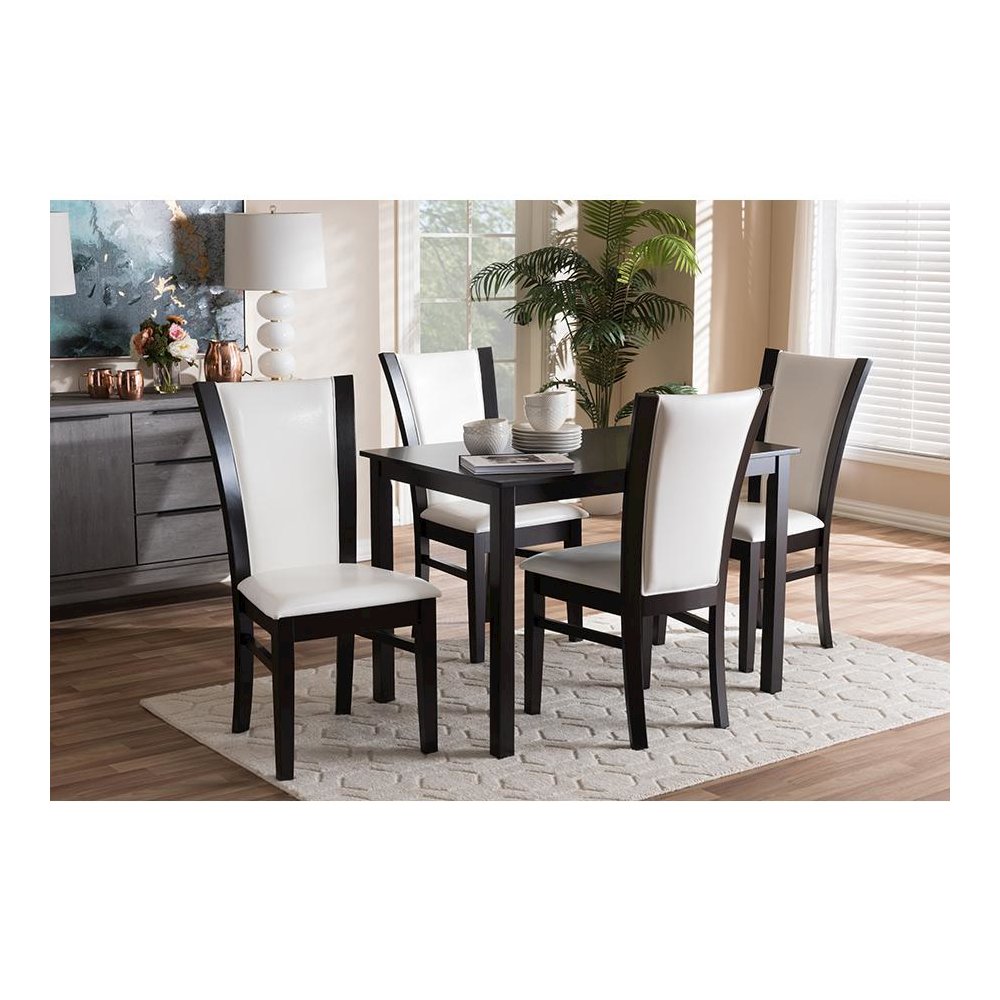 5-Piece Dark Brown Finished White Faux Leather Dining Set. Picture 15