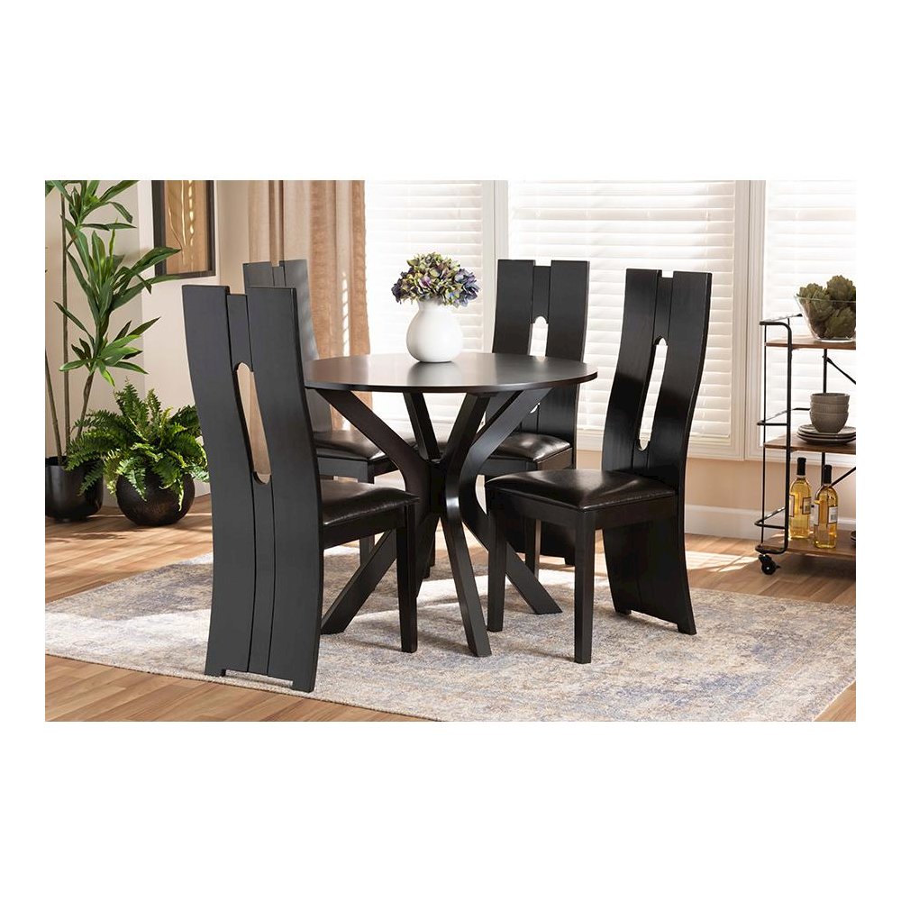 Leather Upholstered and Dark Brown Finished Wood 5-Piece Dining Set. Picture 19