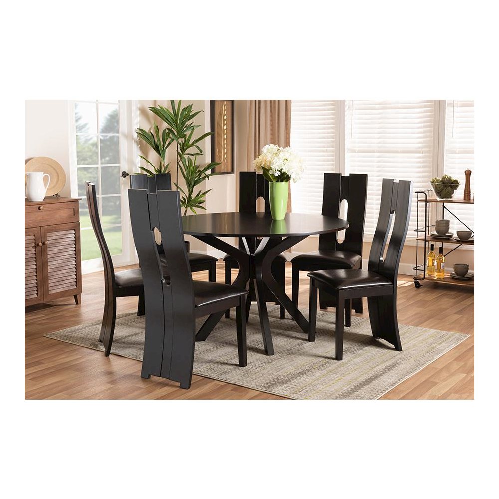 Leather Upholstered and Dark Brown Finished Wood 7-Piece Dining Set. Picture 19
