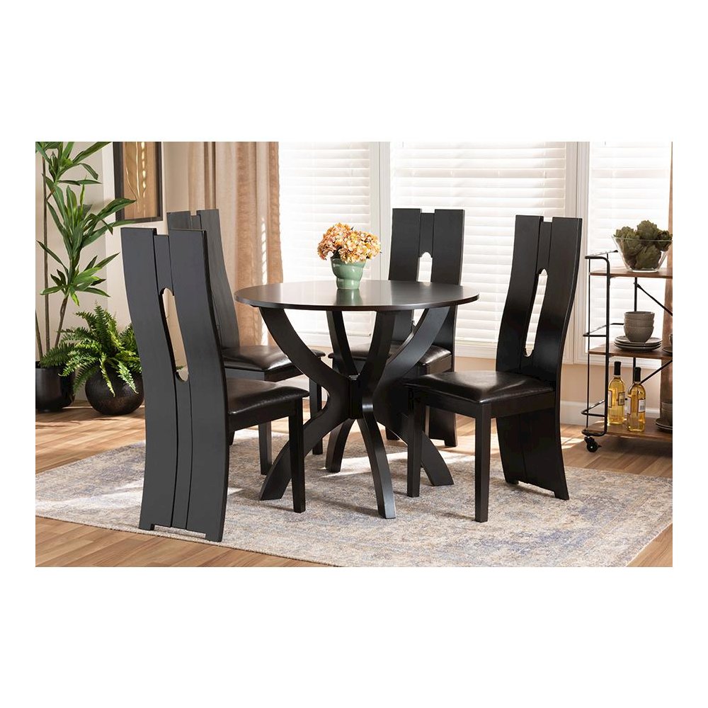 Leather Upholstered and Dark Brown Finished Wood 5-Piece Dining Set. Picture 19