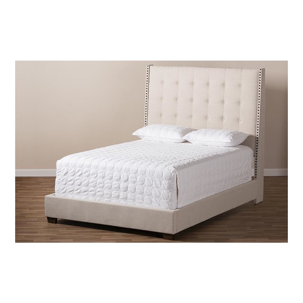 Georgette Modern and Contemporary Light Beige Fabric Upholstered King Size Bed. Picture 7