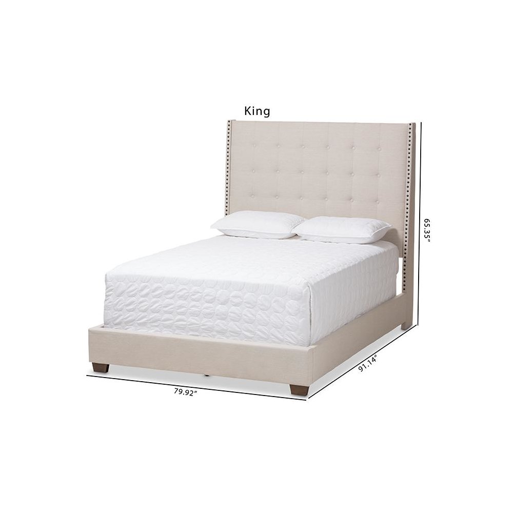 Georgette Modern and Contemporary Light Beige Fabric Upholstered King Size Bed. Picture 9