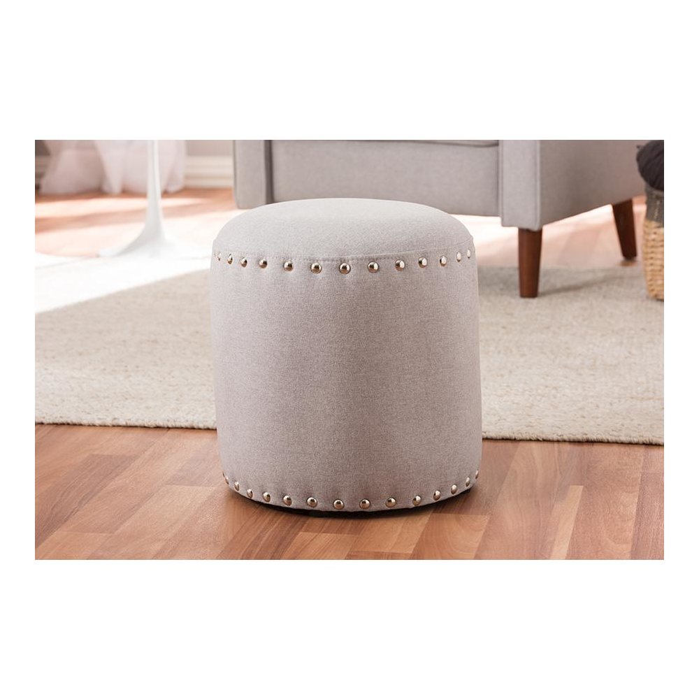 Rosine Modern and Contemporary Light Grey Fabric Upholstered Nail Trim Ottoman. Picture 11