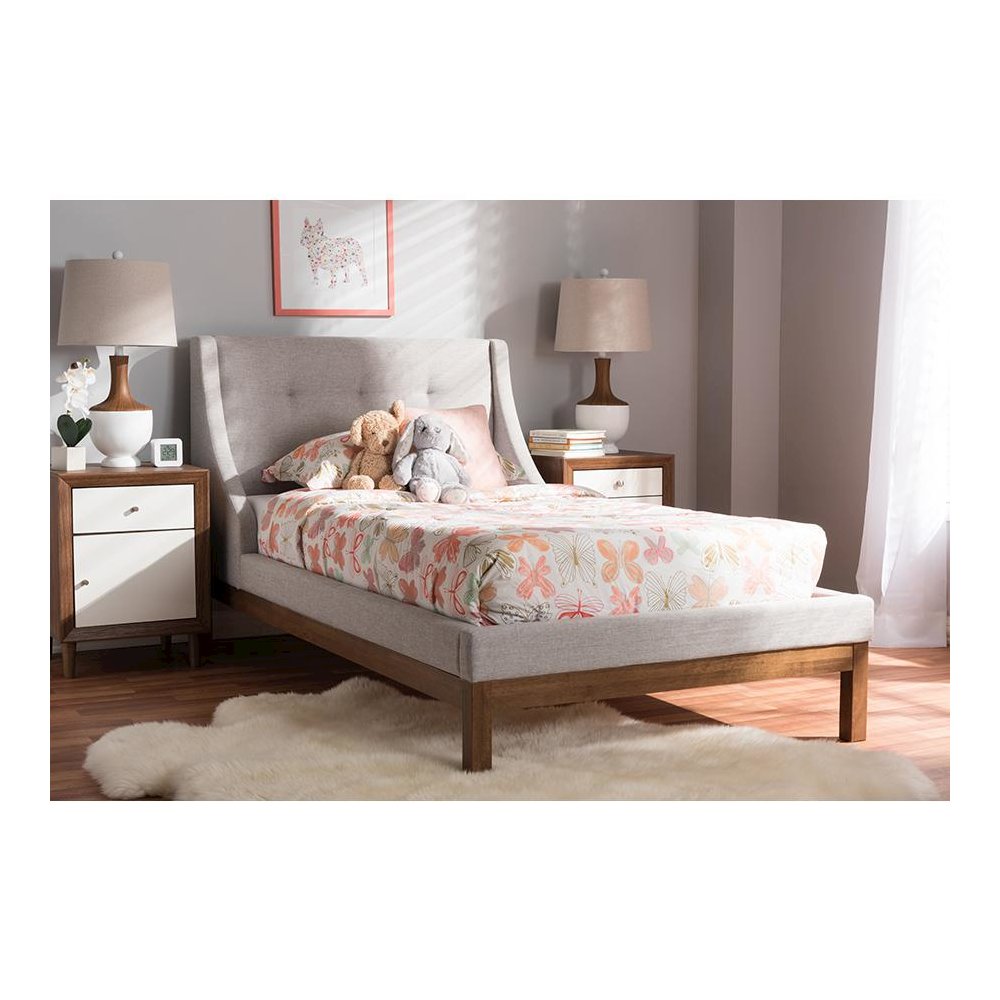 Greyish Beige Fabric Upholstered Walnut-Finished Twin Sized Platform Bed. Picture 17