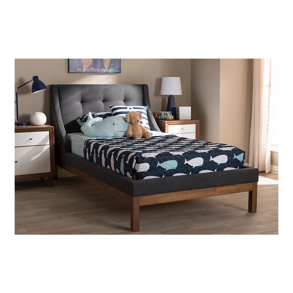 Dark Grey Fabric Upholstered Walnut-Finished Twin Sized Platform Bed. Picture 17