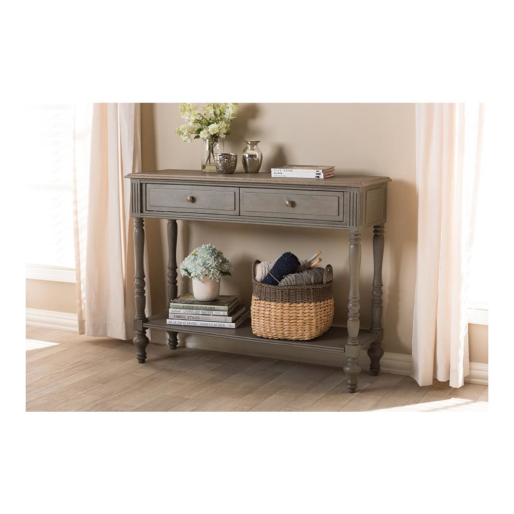Noemie Country Cottage Farmhouse Brown Finished 2-Drawer Console Table. Picture 21