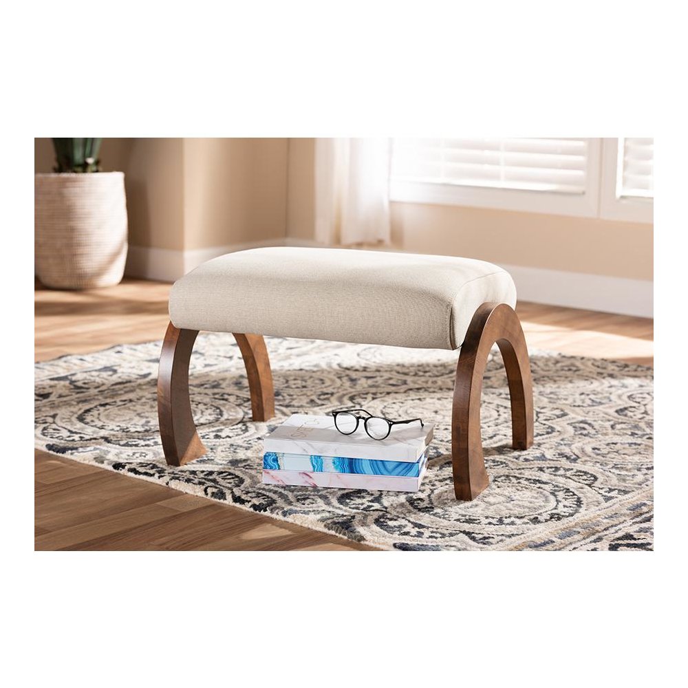 Light Beige Fabric Upholstered Walnut Brown Finished Wood Ottoman. Picture 15