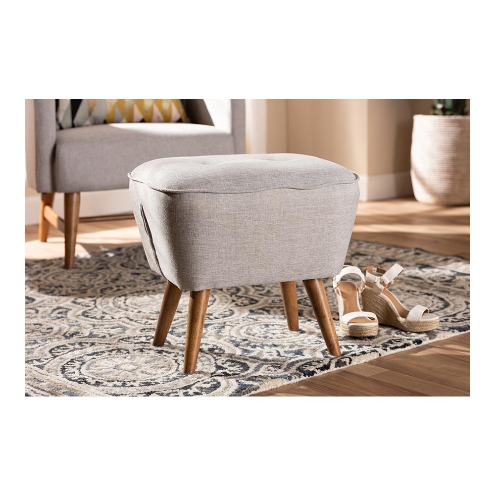 Greyish Beige Fabric Upholstered Walnut Brown Finished Wood Ottoman. Picture 15