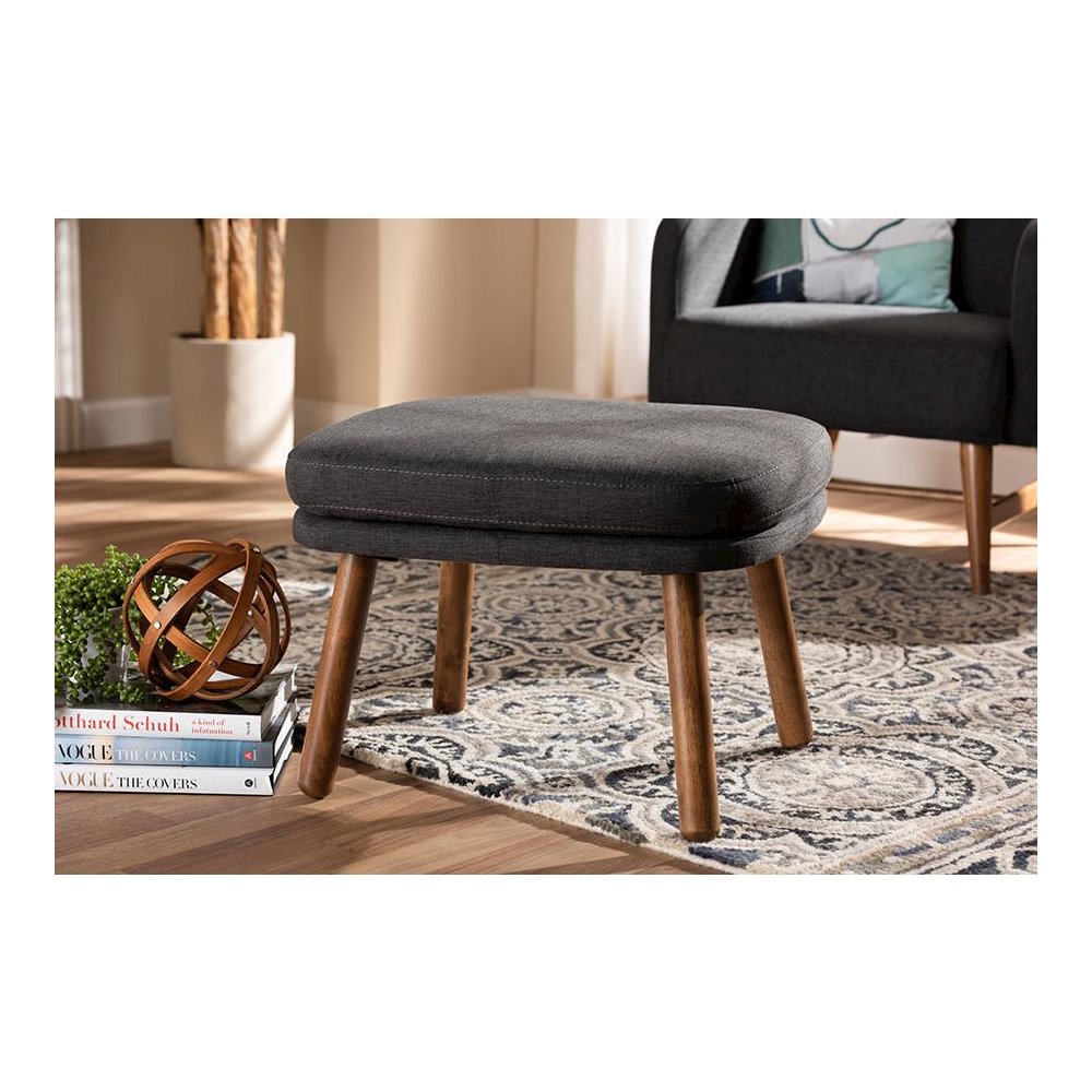 Dark Grey Fabric Upholstered Walnut Brown Finished Wood Ottoman. Picture 15