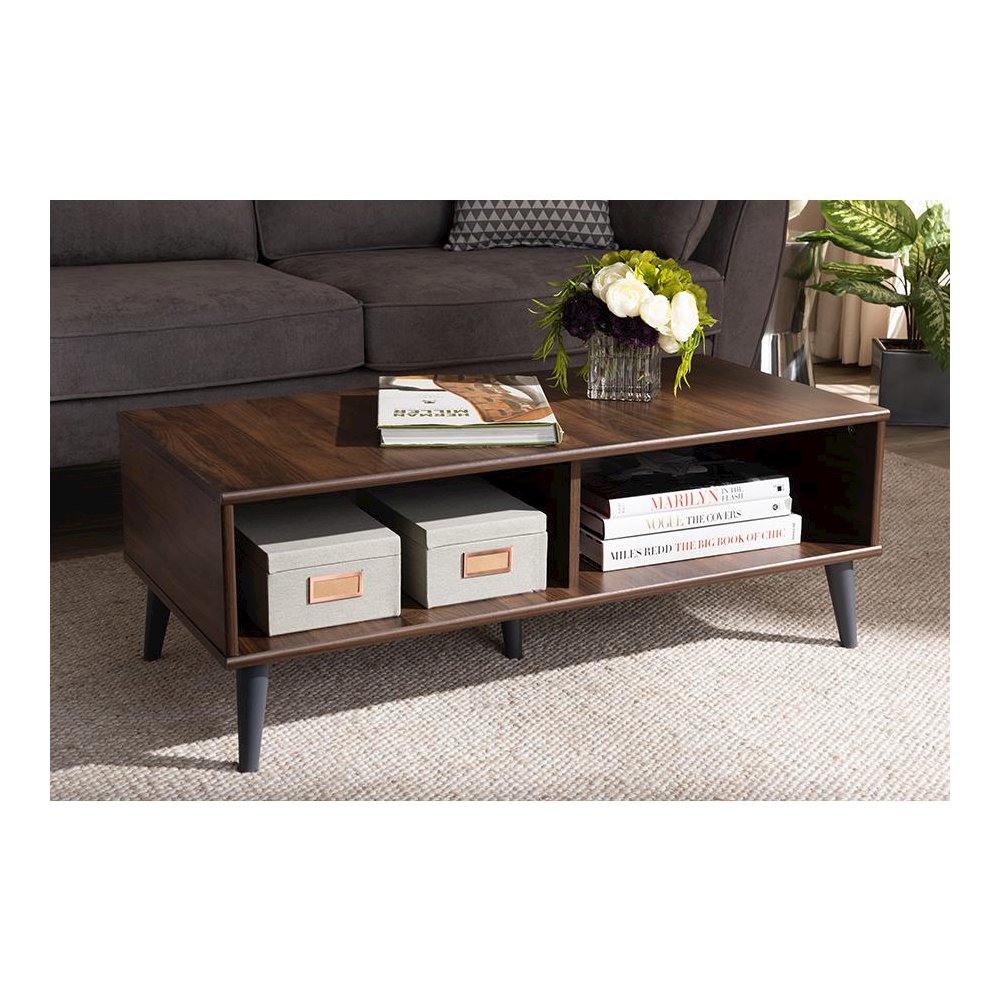 Pierre Mid-Century Modern Brown and Dark Grey Finished Wood Coffee Table. Picture 15
