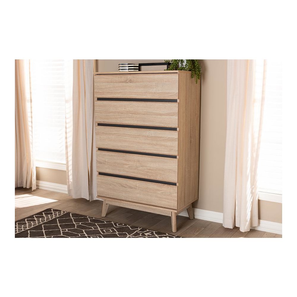 Baxton Studio Miren Mid-Century Modern Light Oak and Dark Grey 5-Drawer Chest. Picture 21