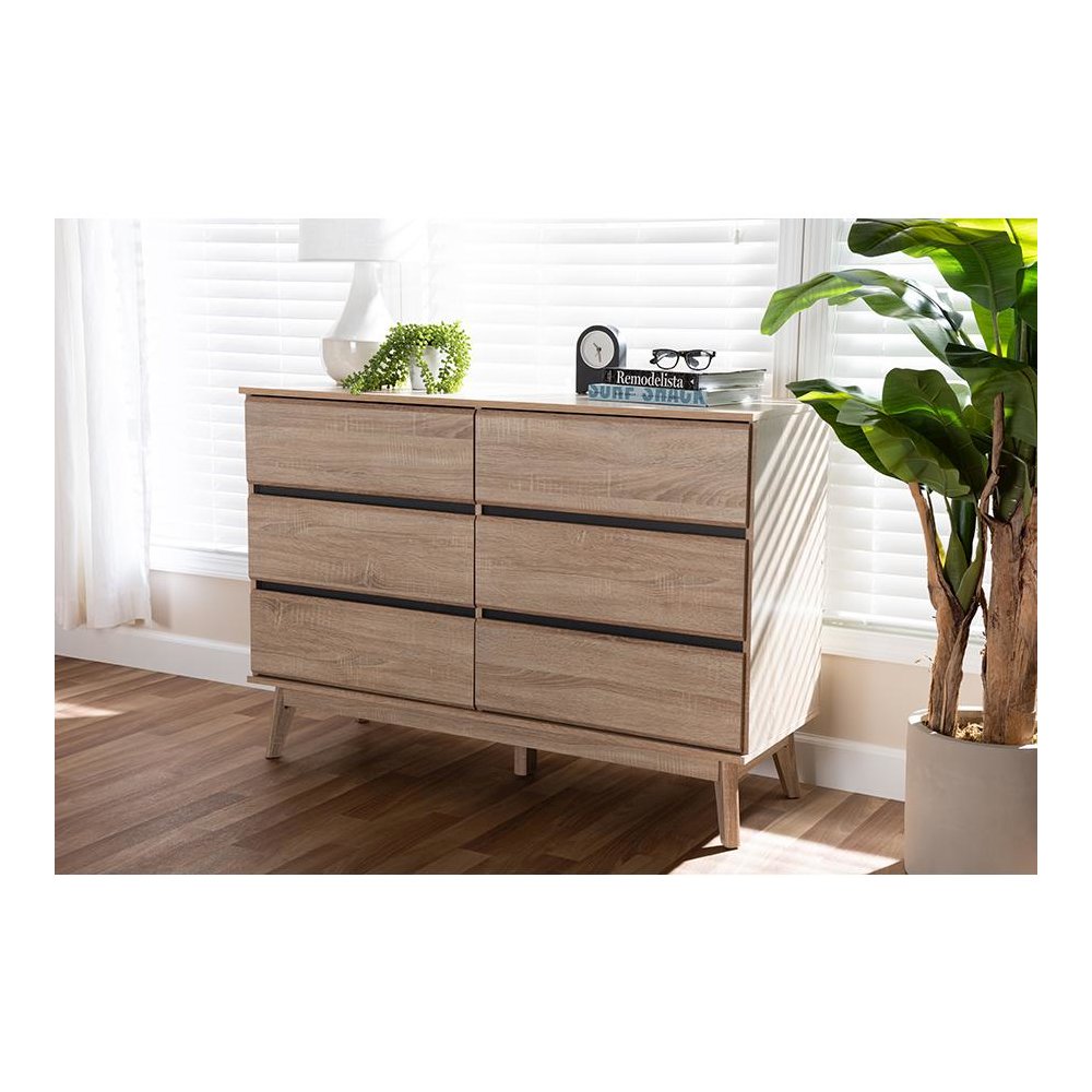 Baxton Studio Miren Mid-Century Modern Light Oak and Dark Grey 6-Drawer Dresser. Picture 21