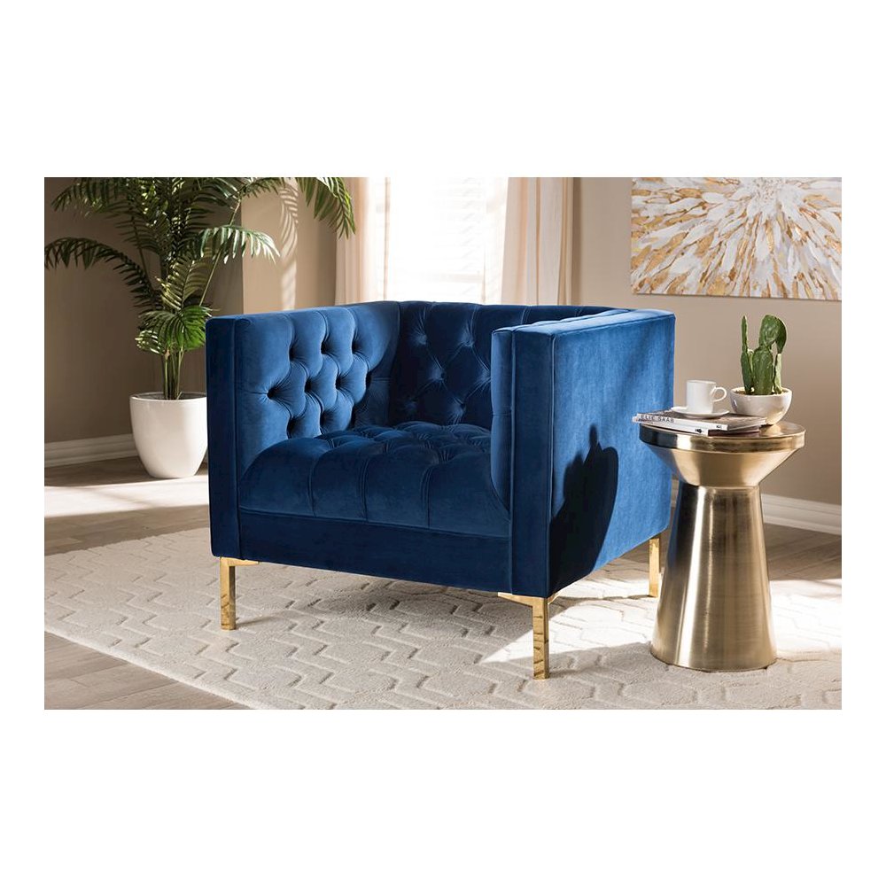 Zanetta Luxe and Glamour Navy Velvet Upholstered Gold Finished Lounge Chair. Picture 17