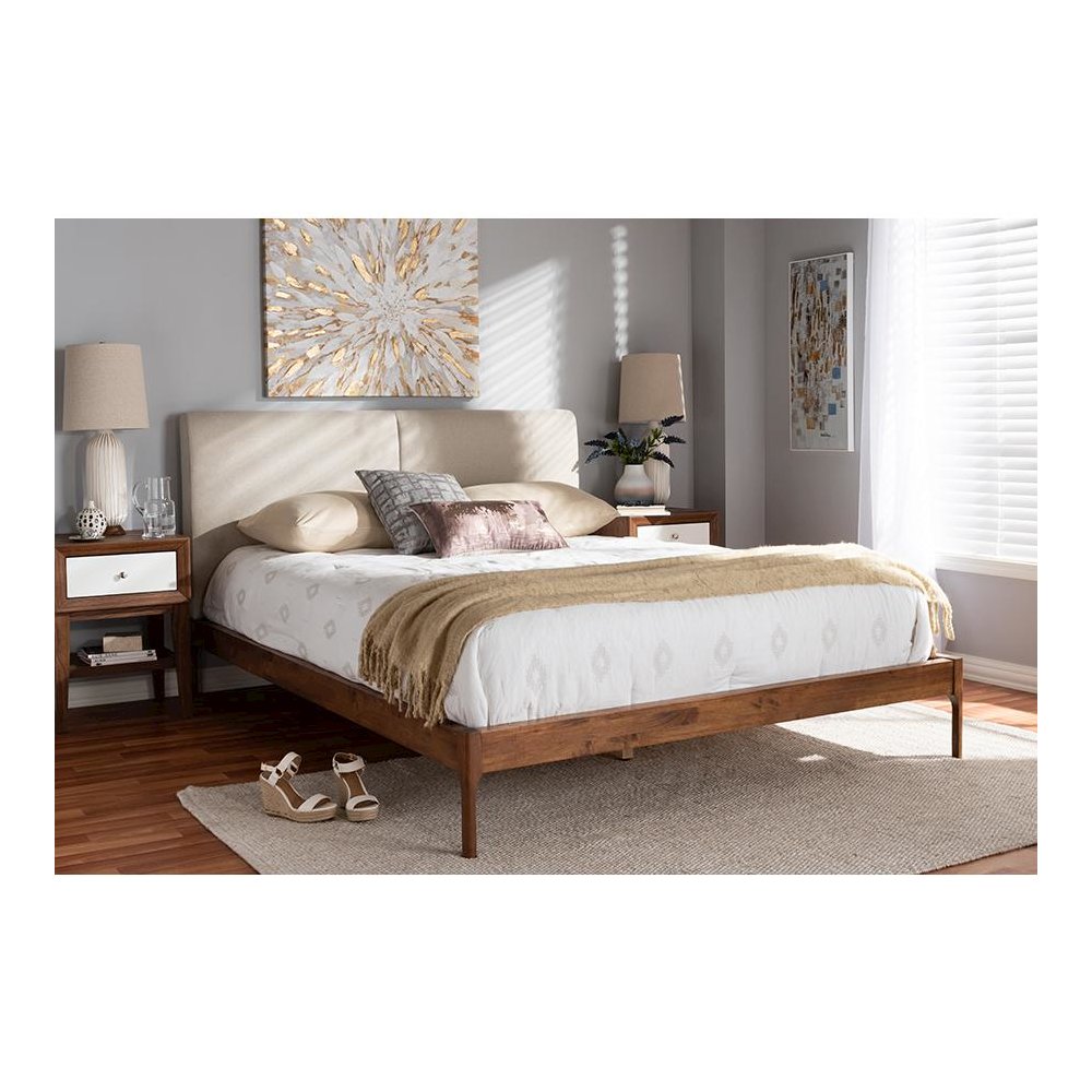 Beige Fabric Upholstered Walnut Finished Full Size Platform Bed. Picture 21