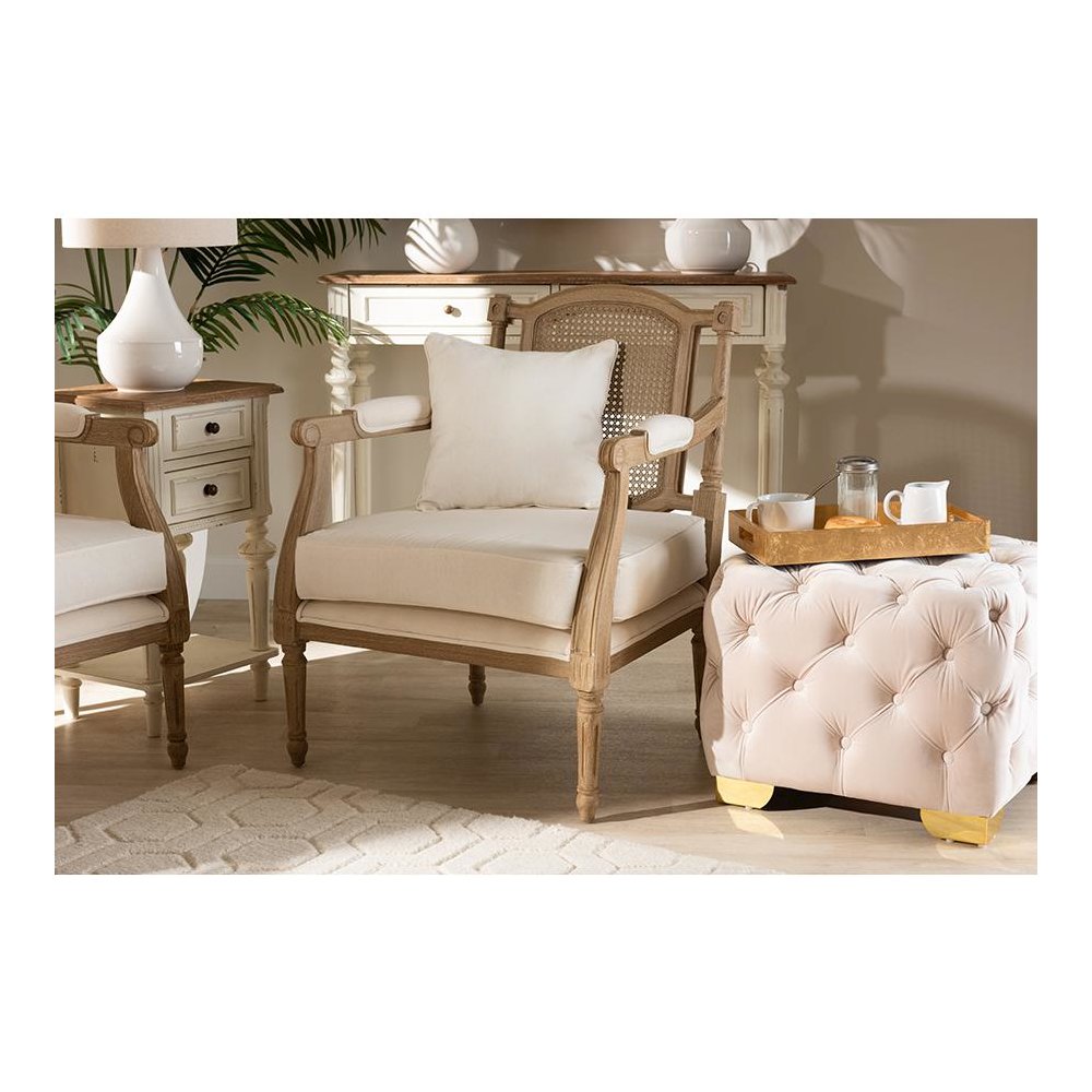Clemence French Provincial Ivory Fabric Upholstered Whitewashed Wood Armchair. Picture 21