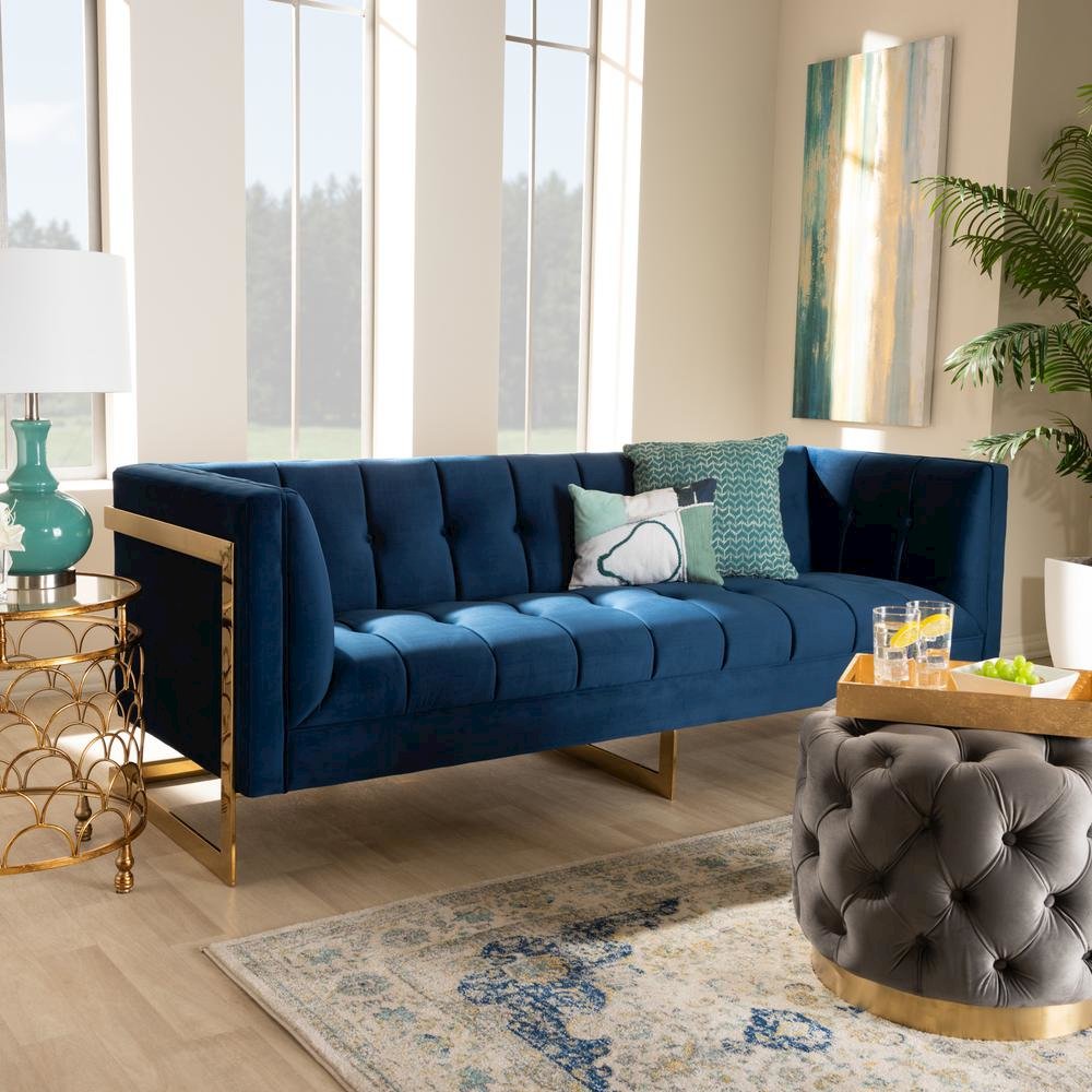 Button Tufted Gold Sofa with Gold-Tone Frame. Picture 18