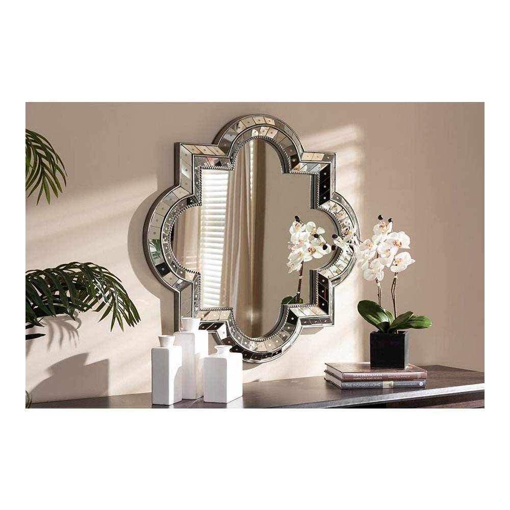 Catia Art Deco Antique Silver Finished Quatrefoil Accent Wall Mirror. Picture 4